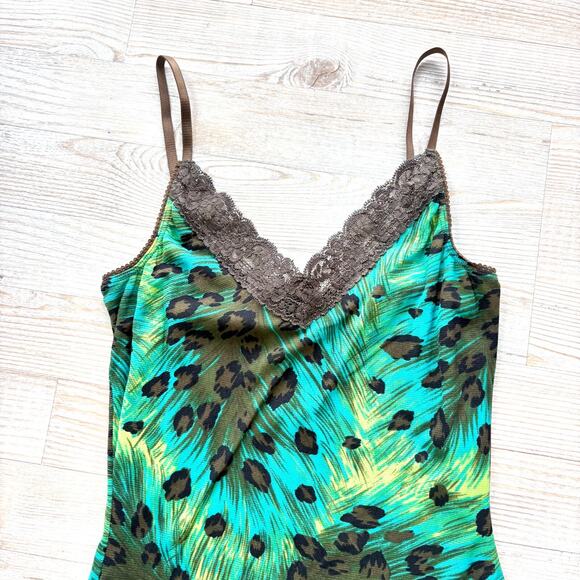 Vintage 90's Y2K Guess Mesh Lace Trim Slip Dress |‎ Leopard Green/Blue Smal - Picture 2 of 9